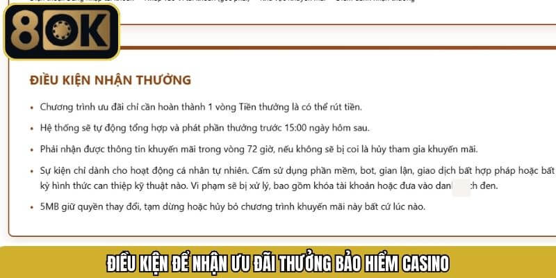 Điều kiện để nhận thưởng bảo hiểm casino tại 8OK